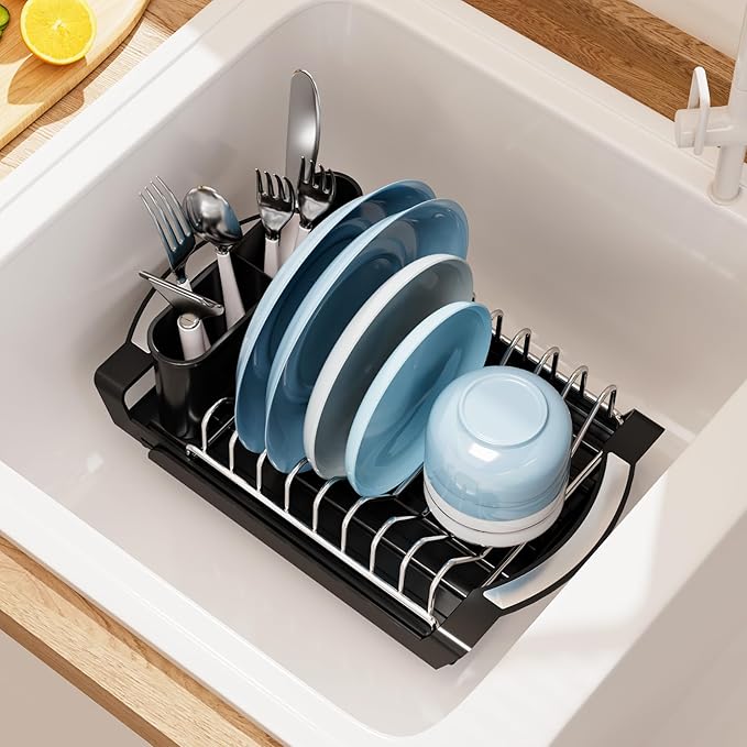 Expandable Dish Drying Rack for Sink or Countertop – Compact Stainless Steel Dish Drainer with Removable Utensil Holder, Rustproof Plate Rack for Small Kitchen Spaces, Black