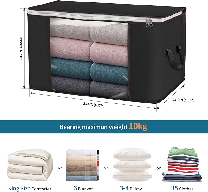 Large Storage Bags, 3 Pack Clothes Storage Bins Foldable Closet Organizers Storage Containers with Durable Handles Thick Fabric for Blanket Comforter Clothing Bedding 90 L (Black)-NeatNest