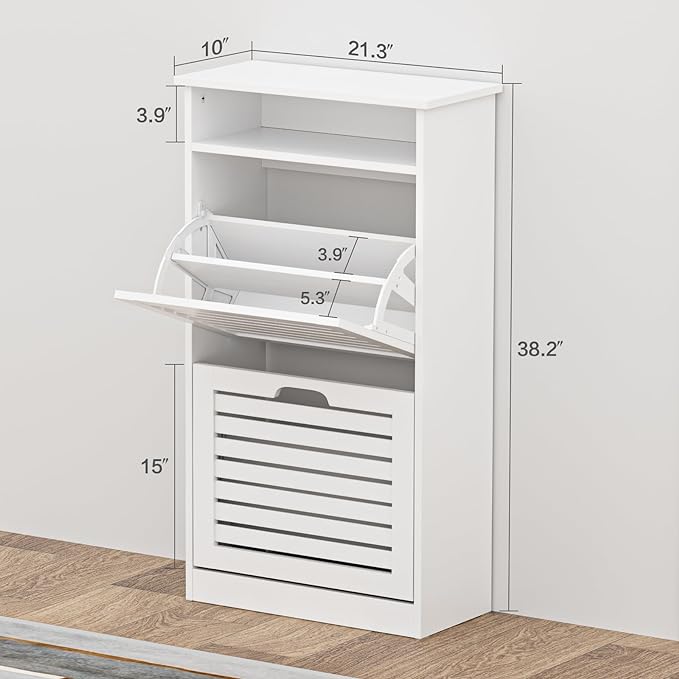Shoe Storage Cabinet with 2 Flip Drawers & Top Cubby, Shoe Cabinet for Entryway Slim, Free Standing Shoe Rack Cabinet, Narrow Shoe Organizer for Entryway, Hallway, White-NeatNest