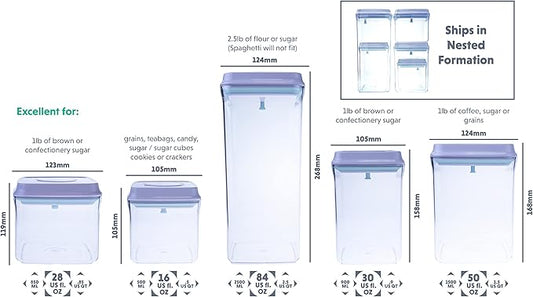BopTop (5pc Set) Airtight Food Storage Container – Mechanical Silicone Seal Canister - BPA-Free Stackable - 2.5Qt/1.5Qt/.9Qt/.85Qt/.5Qt-NeatNest