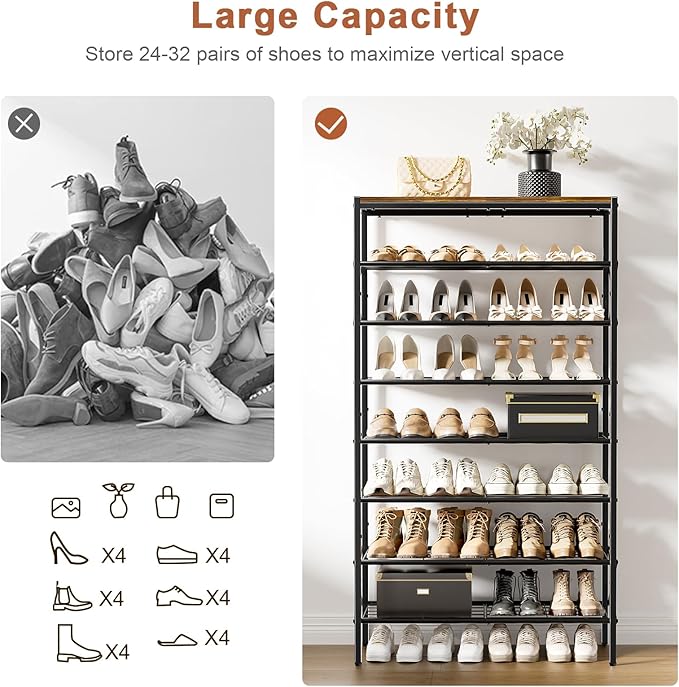8-Tier Tall Shoe Rack Organizer Shoe Storage for Entryway 24-32 Pairs Metal Shoe Rack for Closet Heavy-Duty Shoe Rack with Wooden Top Shelf for Garage Rustic Brown-NeatNest