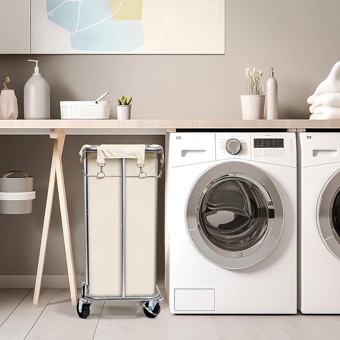 Laundry Basket with Wheels, Rolling Laundry Hamper with Removable Bag, 100L Laundry Sorter Cart, Tall Narrow Slim Clothes Hamper Organizer with Sturdy Metal Frame, Beige