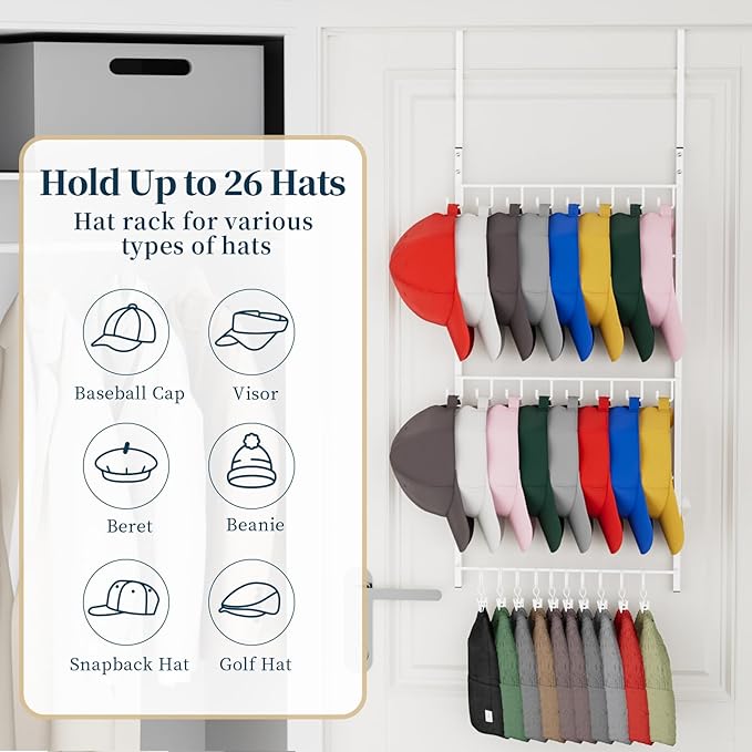 Consumest Over Door Hat Organizer - 3 Tier Wall Mounted Hat Rack with 16 Hooks and 10 Movable Clips, Hanging Baseball Cap Storage Holds up to 26 Caps for Door, Bedroom, Closet USPTO Patent Pending-NeatNest