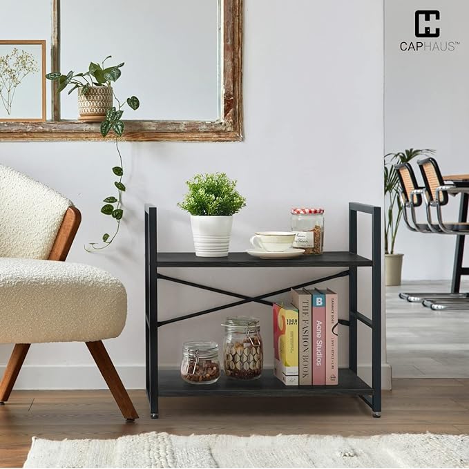 CAPHAUS 3 Tier Small Bookshelf, 24 Inch Width Free Standing Shelf, Bookcase Shelf Storage Organizer, Industrial Book Shelves for Home Office, Living Room, Black Shelves & Metal Frame-NeatNest