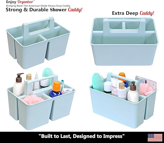 Shower Caddy Organizer with Handle, 3 Compartments, Portable Storage Bin for Bathroom, Dorm, Gym -Made In USA (Mint)