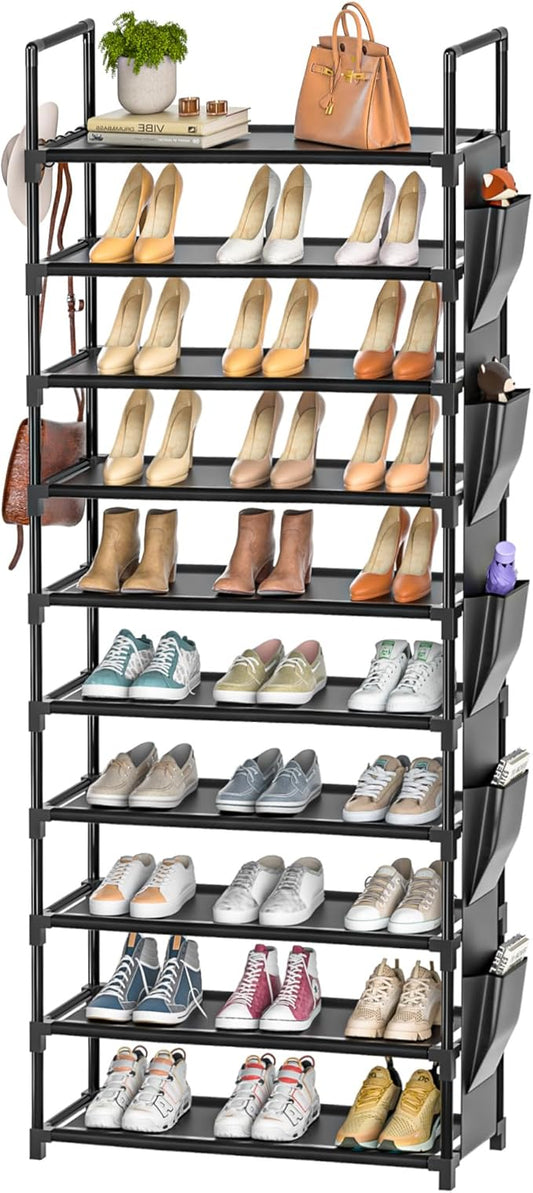Tall Shoe Rack 10 Tier Shoe Organizer Racks for Closet Shoes Rack, Storage Metal Shoe Shelf with 5Hooks and Pocket,Sturdy Shoe Stand Tower Rack for Shoes-NeatNest