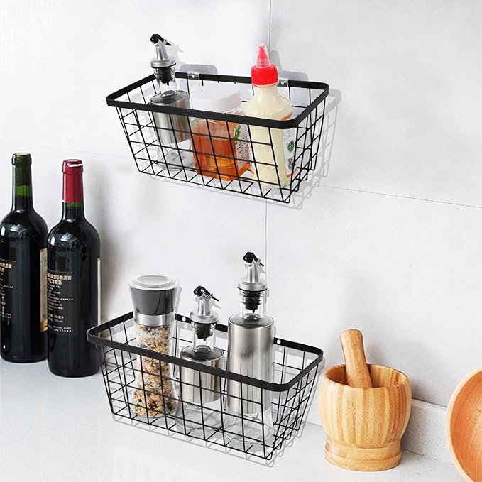 2 Pack Hanging Wall Basket Organizer Over the Cabinet Door Wire Baskets for Organizing -Space-Saving Hanging Baskets for Organizing Wall Mount Storage,No Drilling Adhesive Wall Storage Basket, Black-NeatNest