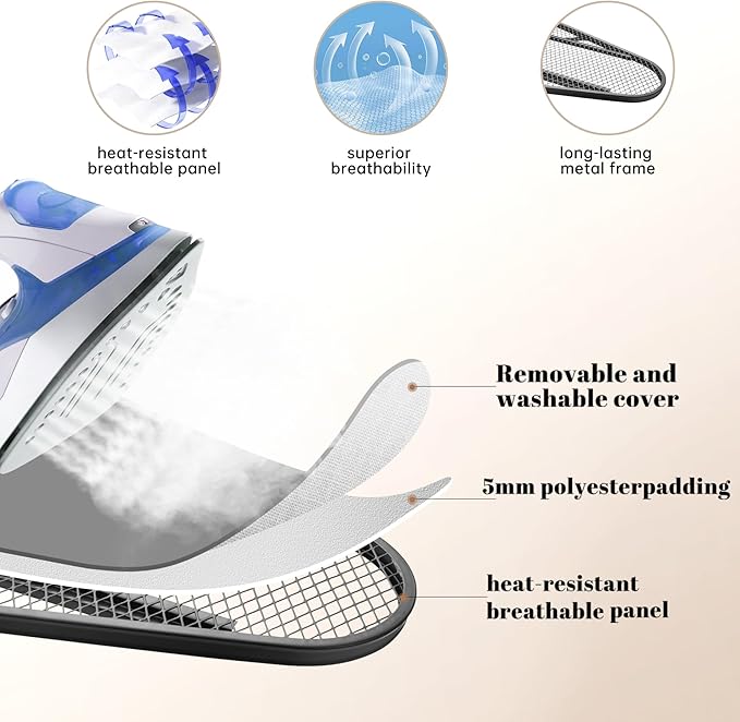 Ironing Board, Compact and Space Saver,Size 13 x 43, Metal Construction Ironing Boards with Extra Thick Heavy Duty Padded, Stable Structure,Skid Feet, Premium Iron Board,Grey