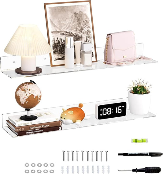 30 Inches Clear Long Floating Shelves for Wall, Acrylic Wall Shelf for Plants, Radio, Funko Pop, Books, Picture Frame, Clock, Cosmetics, Toiletries, 2 Pack(30 Inch)-NeatNest
