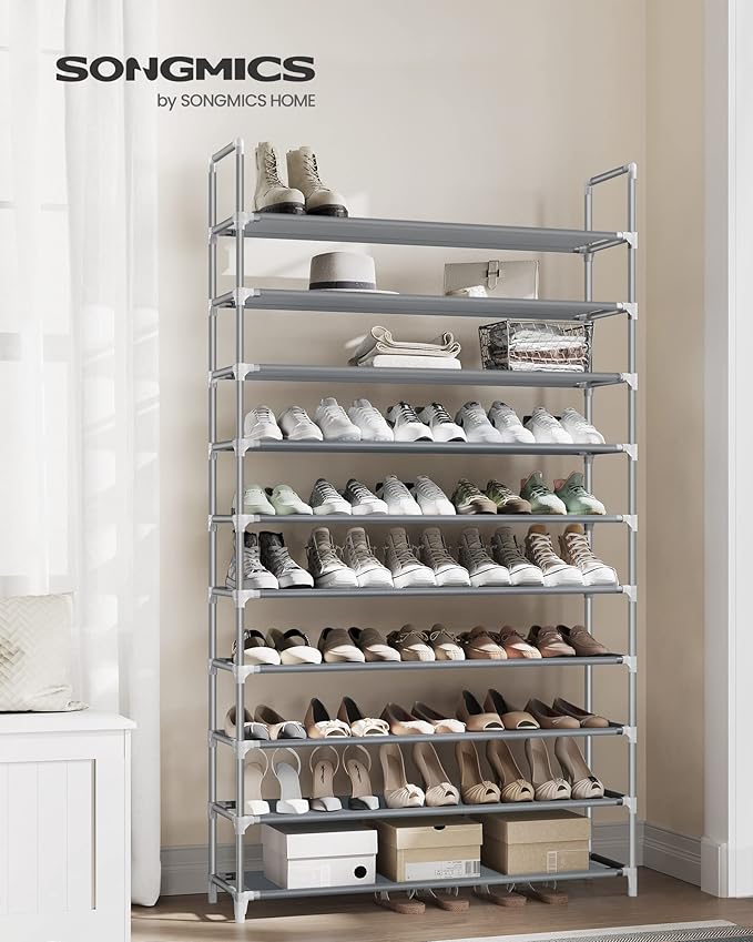 SONGMICS 10-Tier Shoe Rack, Shoe Storage for Hallway Closet, Slim and Space-Saving, Metal Frame, Non-Woven Fabric Shelves, Grey ULSR10G-NeatNest