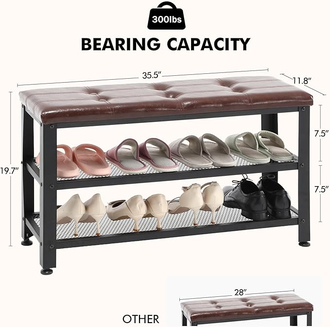 Apicizon 35.5" Shoe Rack Bench, 3-Tier Entryway Bench, with Leather Seat and Metal Frame, Loads 300 lb, Suitable for Living Room, Hallway, Mudroom, Doorway, Rustic Brown-NeatNest