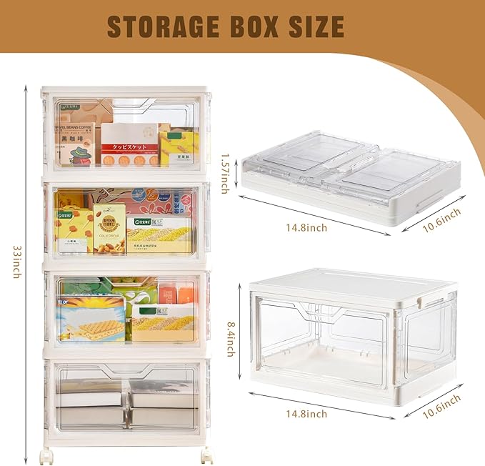 Collapsible Plastic Storage Bins with WheelsClear Stackable Storage Bins with Lid Stackable Storage Bins with Open Door Folding Storage Bins Organizer for Closet Bedroom Living Room-NeatNest