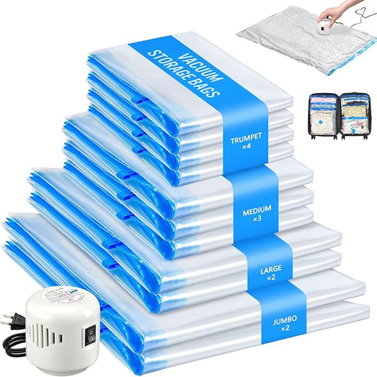 11 Pack Travel Vacuum Storage Bags with Electric Pump, 2 Jumbo+2 Large+3 Medium+4 Small Vacuum Sealer Bags, 80% Space Saver Bags for Luggage, Comforters,Blankets, Travel Essentials-NeatNest