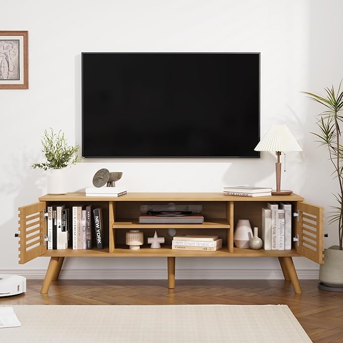 53" Mid Century Modern TV Stand for 50/55/60 inch TV, TV Media Console with Slatted Doors for TVs up to 60", Entertainment Center with Storage for Living Room, Bedroom, Oak-NeatNest
