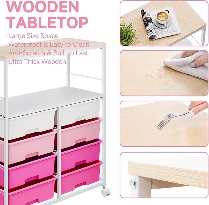 8 Drawers Rolling Storage Cart with Wooden Top, Multipurpose Utility Cart with Opening Shelf & Lockable Wheels, Storage Drawer Cart Organizer for Home Office Craft Room Classroom, Pink
