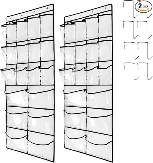 2 Pack Extra Large Hanging Crystal Clear Over Door Shoe Organizers, Closet Shoe Rack Organizer, 12+6 Pockets, 8 Hooks, White (59" x 21.6")-NeatNest