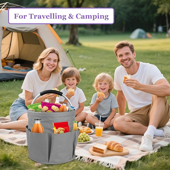 2Pcs Cleaning Caddy with Handle and 6 Pockets, 17L Foldable Cleaning Supply Caddy, Portable Shower Caddy in 600D Oxford Fabric, Multifunctional Storage Basket for Camping, Garden, Dark Gray-NeatNest