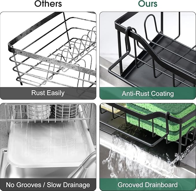 Sponge Holder for Kitchen Sink - Sink Caddy Organizer with Auto Drain Tray, Detachable Towel Rack, Stainless Steel Kitchen Counter Organizer Rack, Black-NeatNest