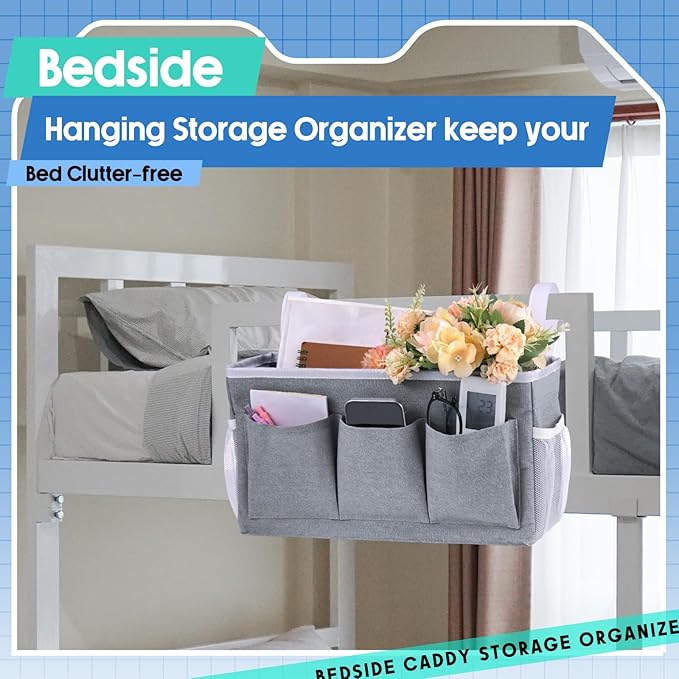 3 Pcs Bedside Caddy Storage Organizer, Bedside Hanging Storage Bag with Pockets and Fixed Straps for Bunk Bed Shelf Dorm Rooms Crib Bed Rails Hospital Beds, Can Be Placed Glasses Books-NeatNest