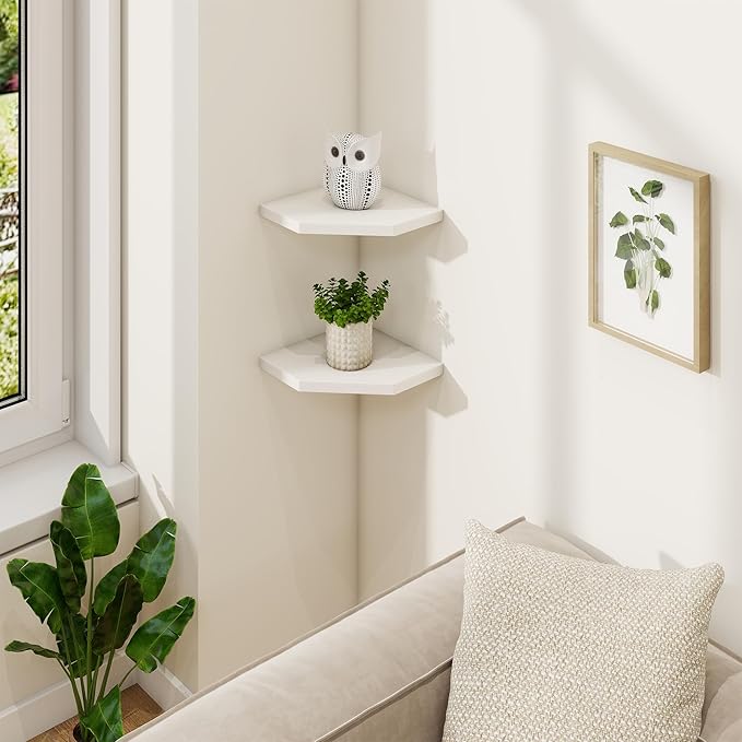 Fun Memories Corner Shelf Wall Mount, Solid Oak Wood Floating Corner Shelves with Cable Hole, 7in Rustic Design for Bedroom, Bathroom, Kitchen, Living Room (White, 1 Pack)-NeatNest