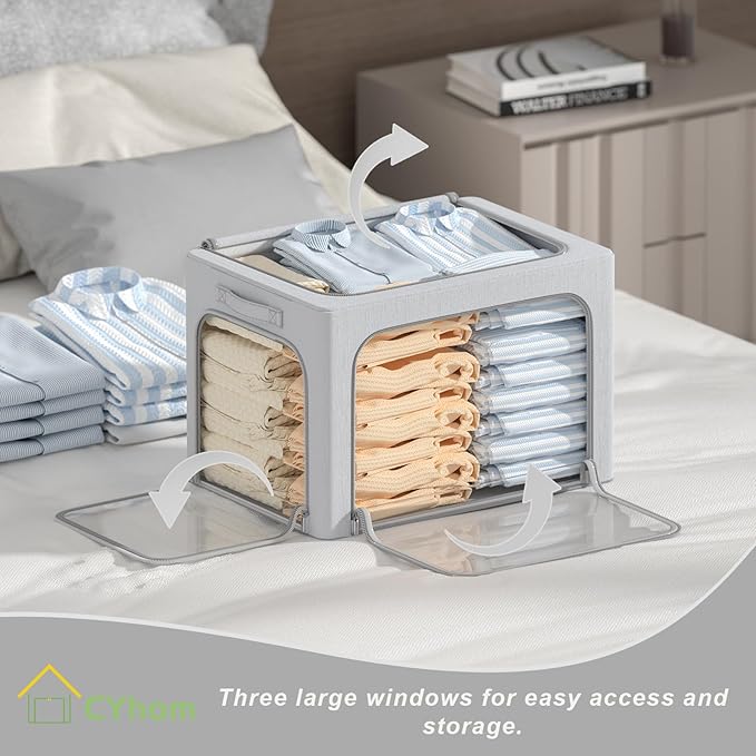 3 Openings Clothes Storage Bins Box - 3Pack Stackable Foldable Bin With Metal Frame - Clothing Organizer With Clear Window, Carry Handles (36L-15.7x11.8x11.8in, Light Grey)-NeatNest
