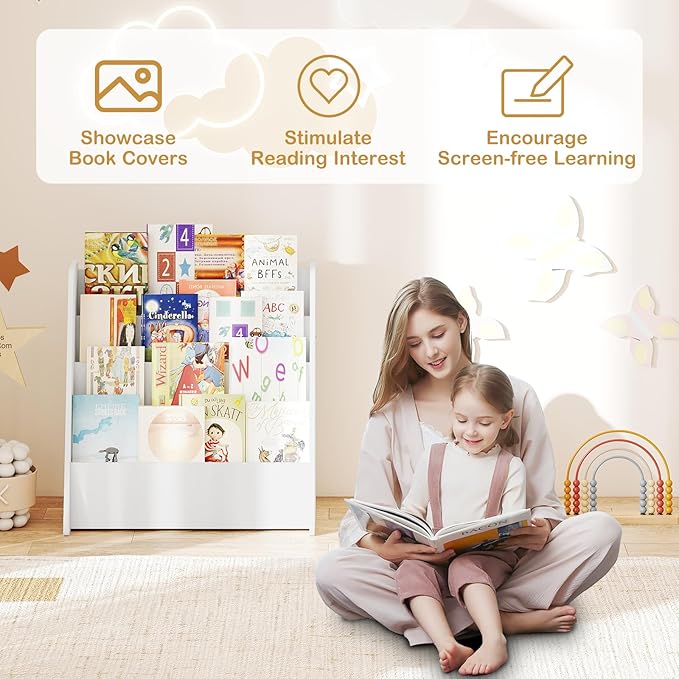 GLACER 4-Tier Kids Bookshelf, Wood Toddler Bookcase with Deep Magazine Display Shelf & Back Storage Space, Children Storage Organizer for Nursery, Playroom, Kids Bedroom, Classroom (White)