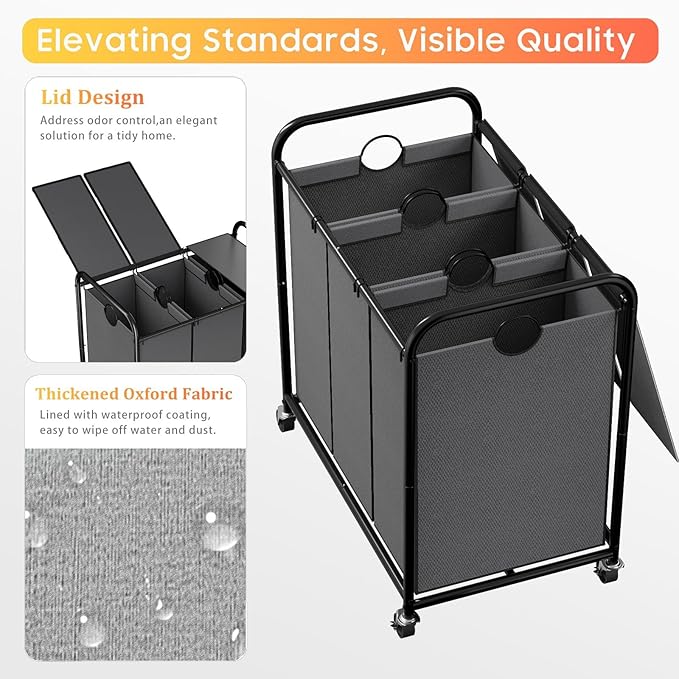 180L (47.55 Gal) Laundry Sorter 3 Section, Rolling Laundry Basket with Lockable Wheels and Lid, Laundry Hamper with 3 Separated Removable Bags Dirty Clothes Hamper for Laundry Room Organizer, Grey-NeatNest