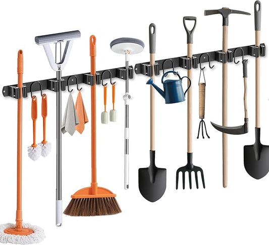 Broom Holder Wall Mount, 2 Packs Black Stainless Steel Tool Storage Organizer for Kitchen Garden Garage Laundry Room Bathroom and RV with 4 Slots 6 Hooks-NeatNest