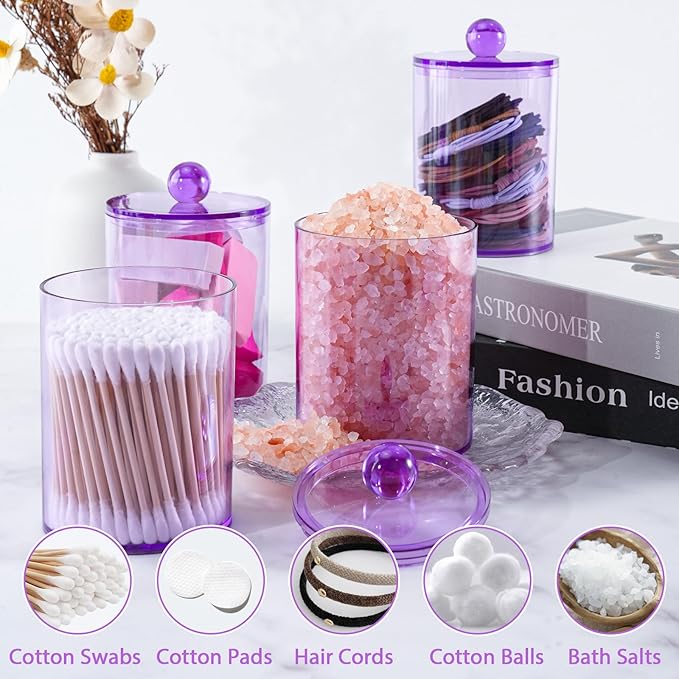 2 Pack Qtip Holder, Apothecary Jars Holder Dispenser, Bathroom Jars with Lids Set for for Cotton Swabs, Balls, Pads, Floss Picks,10oz-12oz Plastic Canisters(Purple)
