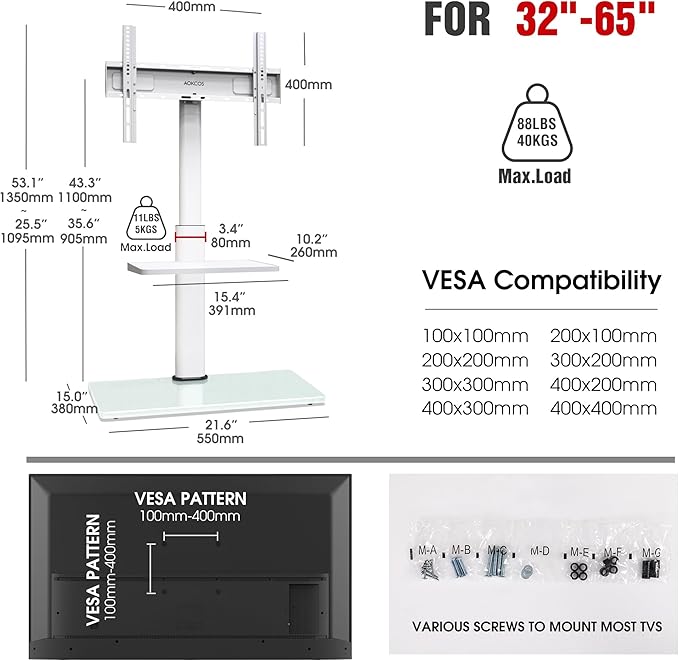 Floor TV Stand for 32-65" TVs, 60 Degree Swivel TV Base Stand with Tilting, 8 Level Height Adjustable Tall TV Mount Stand for Living Room/Bedroom, Holds up to 88 lbs, MAX VESA 400x400mm