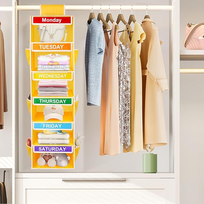 6-Shelf Weekly Closet Hanging Organizer for Kids, YOCOMEY 6-Grid Days of the Week Baby Kids Clothing Organizer Monday through Saturday, Foldable Oxford Cloth Closet Clothes Weekday Storage (New Yellow-NeatNest
