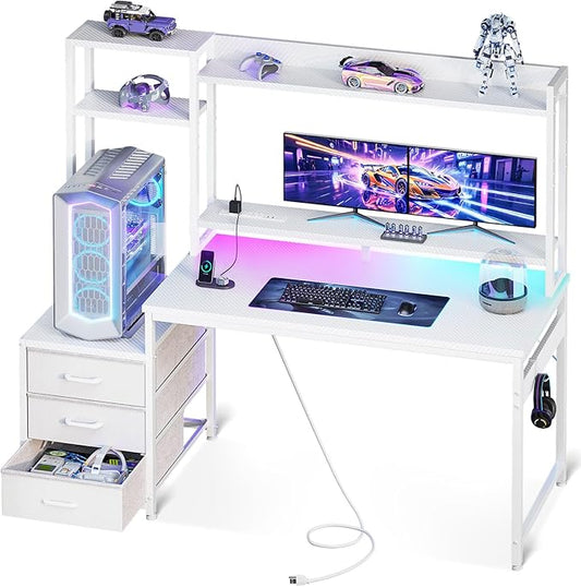 Casaottima 48 Inch Gaming Desk with Hutch & 3 Fabric Drawers, Computer Desk with USB Ports & LED Lights, Reversible Pc Gamer Table with Monitor Stand for Home Office, Carbon Fiber White-NeatNest