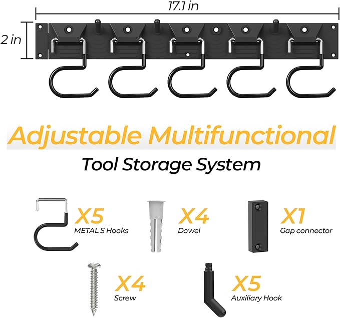34 Inch Garden Tool Organizer Wall Mount with Non Slip Rubber Coated Metal Hooks, Storage Rack for Indoor/Outdoor Shovel, Rake, Mop and Broom Holder Wall Mount （ 10 Hooks+10 Holders-NeatNest