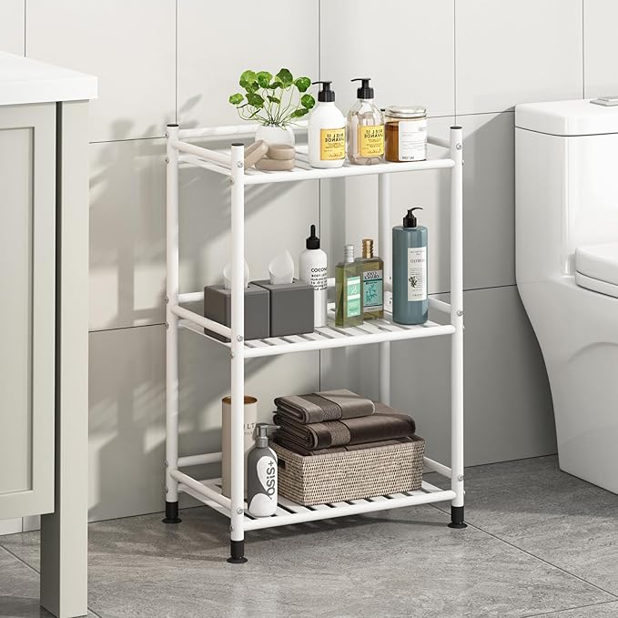 3 Tier Bathroom Storage Open Shelf Unit, Free-Standing Metal Corner Rack Shelving for Kitchen, Living Room, Hallway (White, Wider 3 Tier)-NeatNest