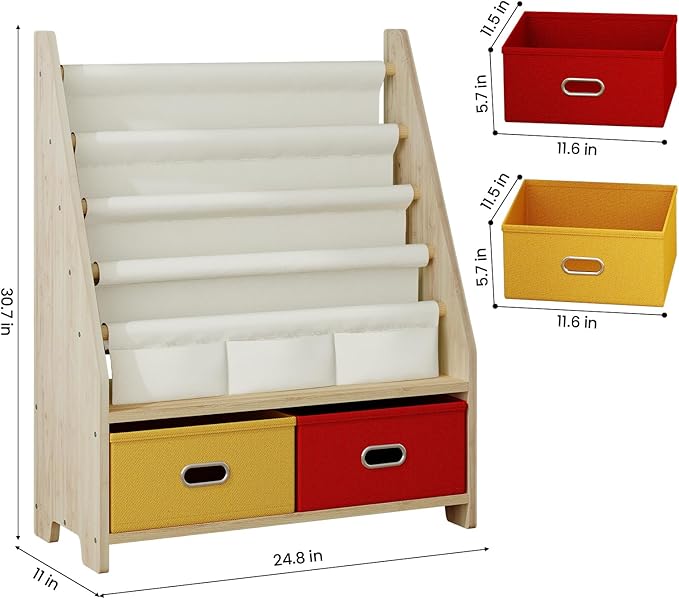 4 Tier Kids Book Shelf, Wooden Kids Book Rack Storage Bookshelf with Toy Storage Organizer, Toddler Sling Bookshelf for Boys, Girls, Kids Room, Red/Yellow