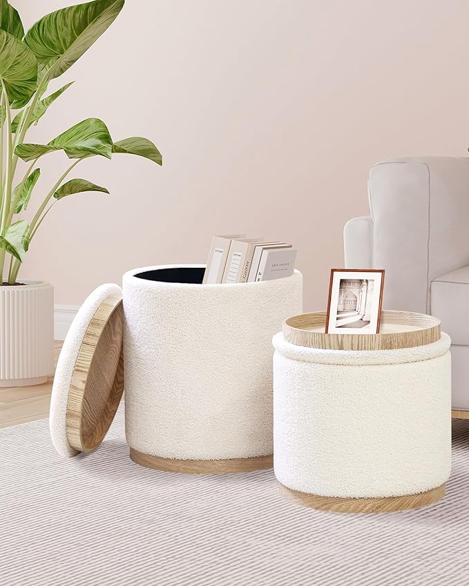B FSOBEIIALEO Storage Ottoman Round Boucle Ottomans with Tray, Set of 2 Teddy Foot Rest Ottoman Cube with Storage for Living Room, Cream White 15"x15"x16.9"