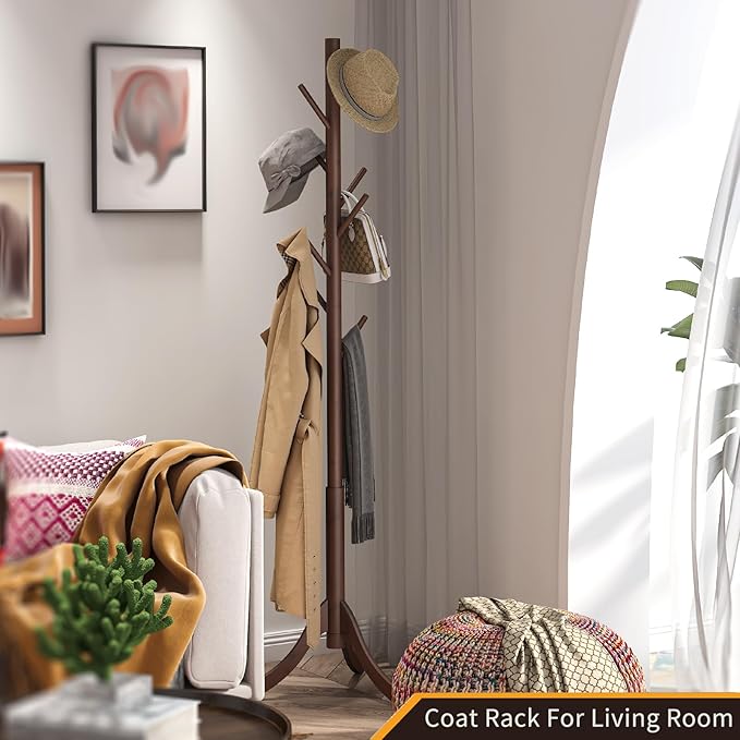 Coat Rack Freestanding, Coat Stands Entryway, Bamboo Coat Rack Hat Hanger 8 Hook for Jacket, Purse, Scarf Rack, Umbrella Tree Stand (Brown)-NeatNest