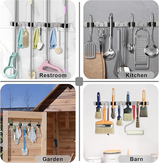 Mop Broom Holder Wall Mount, Silver Stainless Steel Tool Storage Organizer for Kitchen Garden Garage Laundry Room Bathroom and RV with 4 Slots 6 Hooks-NeatNest