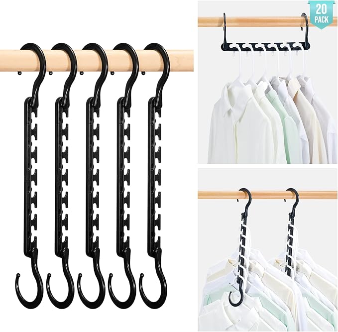 HOUSE DAY Sturdy Plastic Space Saving Hangers Cascading Hanger Organizer Closet Space Saver Multi Hangers for Heavy Clothes, Closet Organizers and Storage,College Dorm Room Essentials (20 Pack Black)-NeatNest