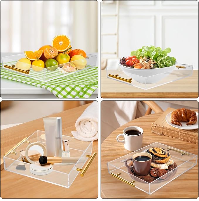 3 Pack Clear Acrylic Serving Tray with Gold Handles Serving Tray Spill Proof Acrylic Bathroom Decorative Tray Organizer for Coffee Table Countertop Appetizer Breakfast Vanity