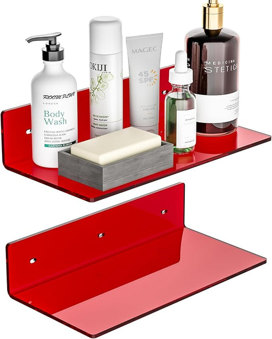 12 Inches Red Small Wall Shelves, Acrylic Bathroom Shelves for Wall, Floating Shelves for Living Room, Funko Pop Shelves, 2 Pack-NeatNest