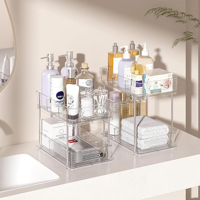 Delamu 2 Pack Snap-Lock Bathroom Under Sink Organizers and Storage, 2 Tier Pull Out Medicine Bathroom Cabinet Organizer, Multi-Purpose Kitchen Pantry Organization and Storage with Movable Divider-NeatNest