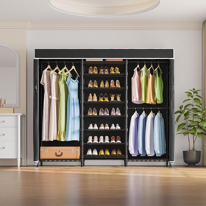 VIPEK S3C Heavy Duty Portable Closet with Adjustable Shoe Rack Wire Shelf, Large Wardrobe Organizer for Bedroom Storage, Freestanding Clothes Rack with Hanging Rod, Custom Black Rack with Black Cover-NeatNest