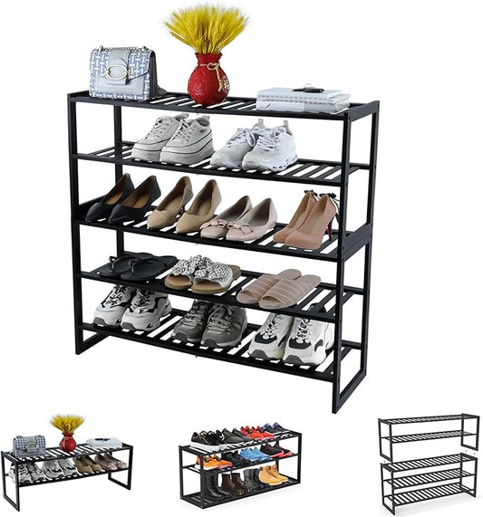 Shoe Rack Bamboo 5 Tier Shoe Organizer, Storage 20-25 Pairs for Closet Entryway, Stackable Large Tall Shoe Shelf Holder Stand Cubby for Door Hallway Bedroom Garage-NeatNest