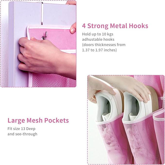 35 Pockets Over the Door Shoe Organizer, Hanging Shoe Organizer for Door with 35 Mesh Pockets Large Capacity Shoe Hanging Storage Bag with 4 Metal Hooks (Pink-1Pack)-NeatNest