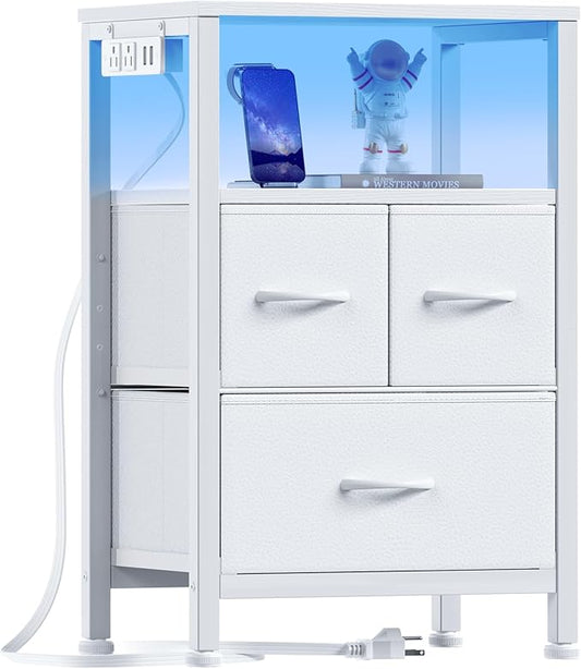 Furnulem Night Stand with Charging Station, LED, USB Ports and Outlets, Bedside Table with Fabric Bins, Nightstand with Open Shelf, Small Storage Side Table for Bedroom (3 Drawer, White)