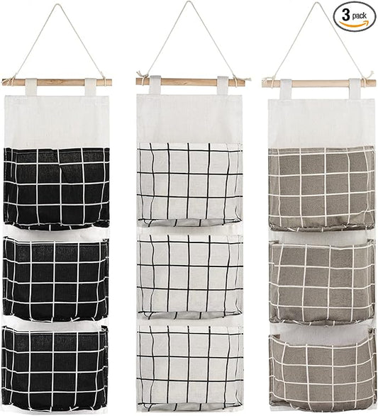 AUHOKY 3Pcs Wall Closet Hanging Storage Bag, Premium Linen Fabric Over The Door Organizer, Hanging Storage Pouches with 3 Pockets for Bedroom Bathroom - Waterproof & Stylish (Black/Gray/White)-NeatNest