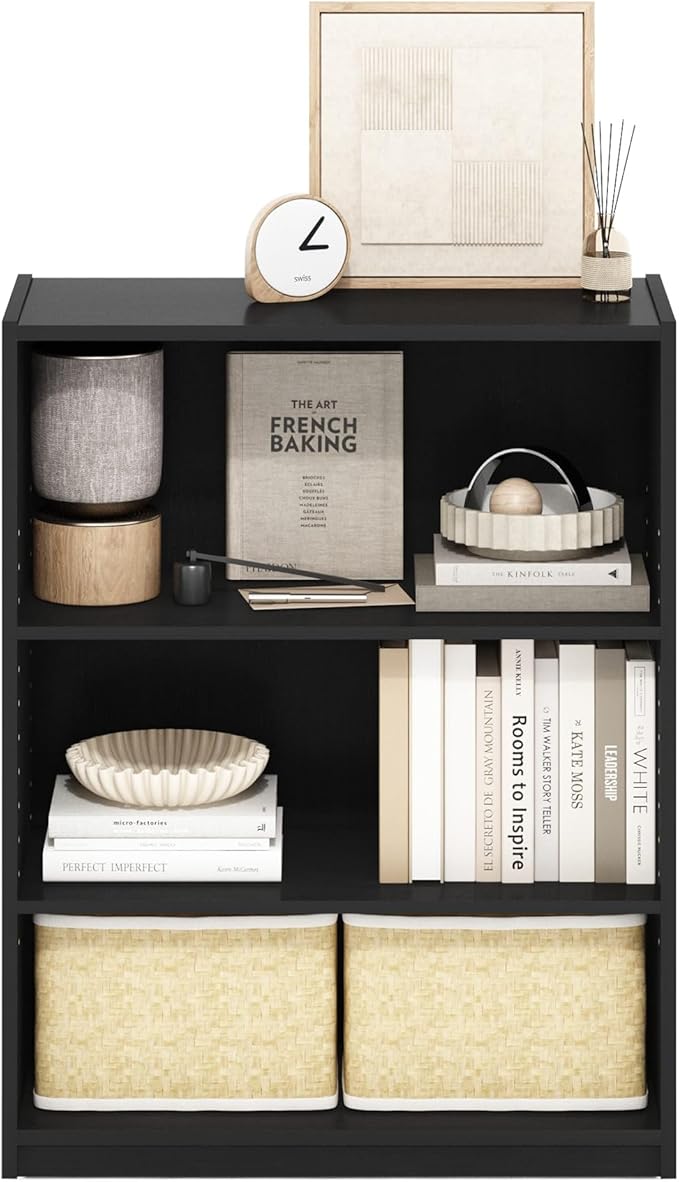 Furinno Gehry 3-Tier Bookcase, Bookshelf with Adjustable Shelves, Blackwood