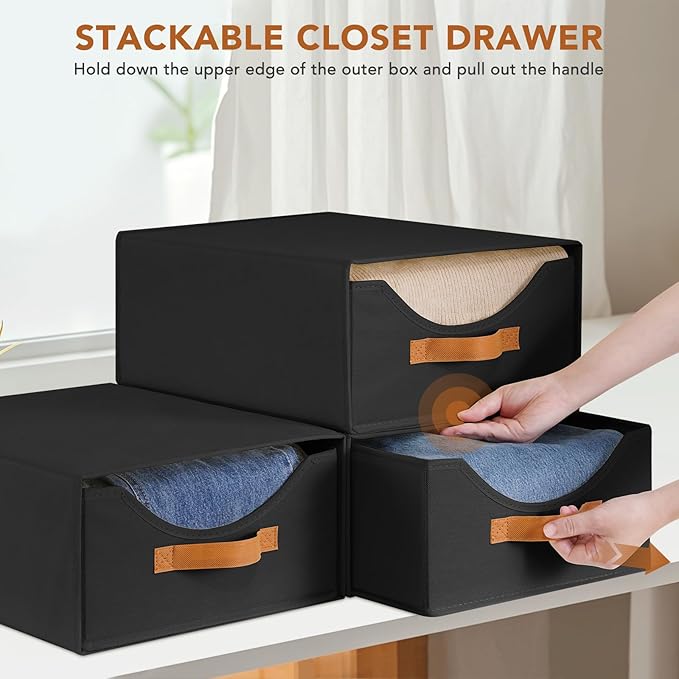 4 Pcs Closet Drawers and Large Size Clothes Storage Bins Push-Out Storage Stackable Shelf Drawers with See-Through Window Closet Organizers for Bedroom, Living Room, Under Bed, Black-NeatNest
