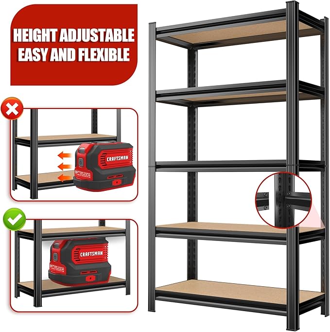 Garage Shelving Unit, 2550Lbs Heavy Duty 5-Tier Metal & Wood Adjustable Storage Rack, Black, 72”H x 35.4”W x 15.8”D, for Garage, Basement, Warehouse, Utility Storage-NeatNest